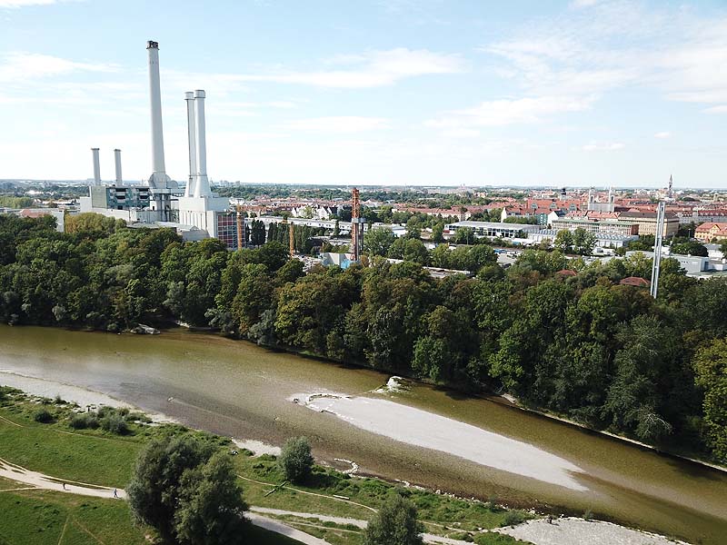 Luftaufnahme, Luftbild vom FKK Bereich an der Brudermühlbrücke in München