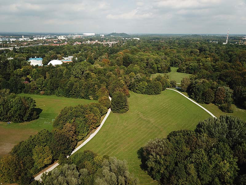 Luftbild, Luftaufnahme von der Schwabinger Bucht im Englischen Garten